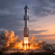 Ракета Starship взлетает с пусковой платформы во время запуска
