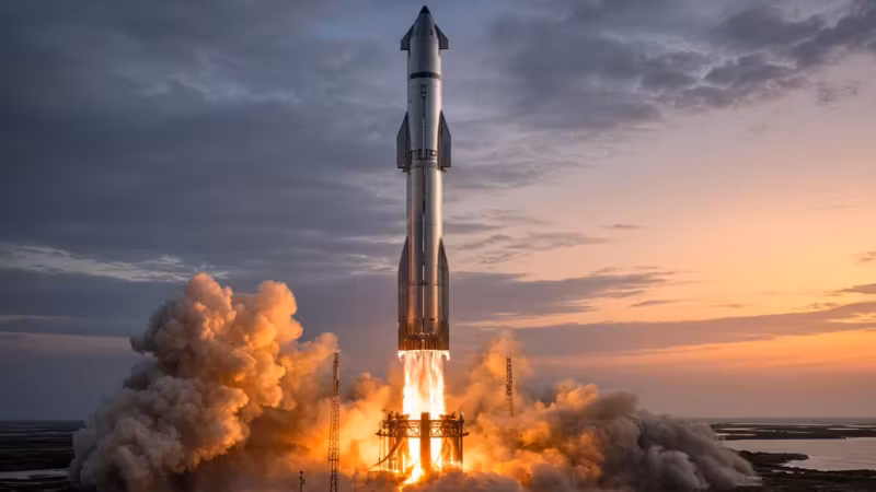 Ракета Starship взлетает с пусковой платформы во время запуска