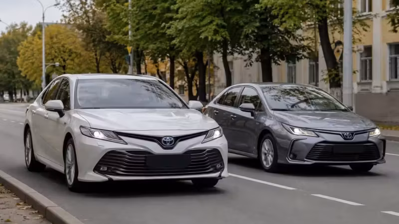 Два автомобиля Toyota Corolla в серых и белых цветах на городской дороге