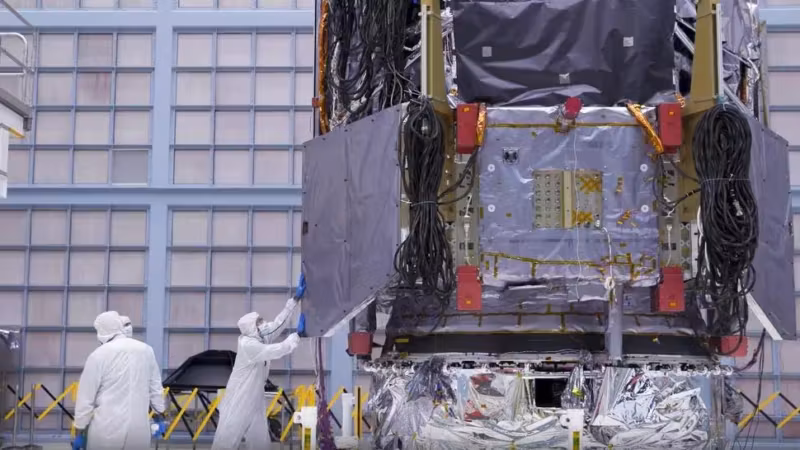 Люди в защитных костюмах работают с телескопом NASA Roman