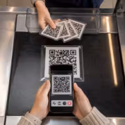 Универсальный QR для оплаты заработает в России с 1 сентября 3 Мужчина держит смартфон и QR-код для оплаты Универсальный QR