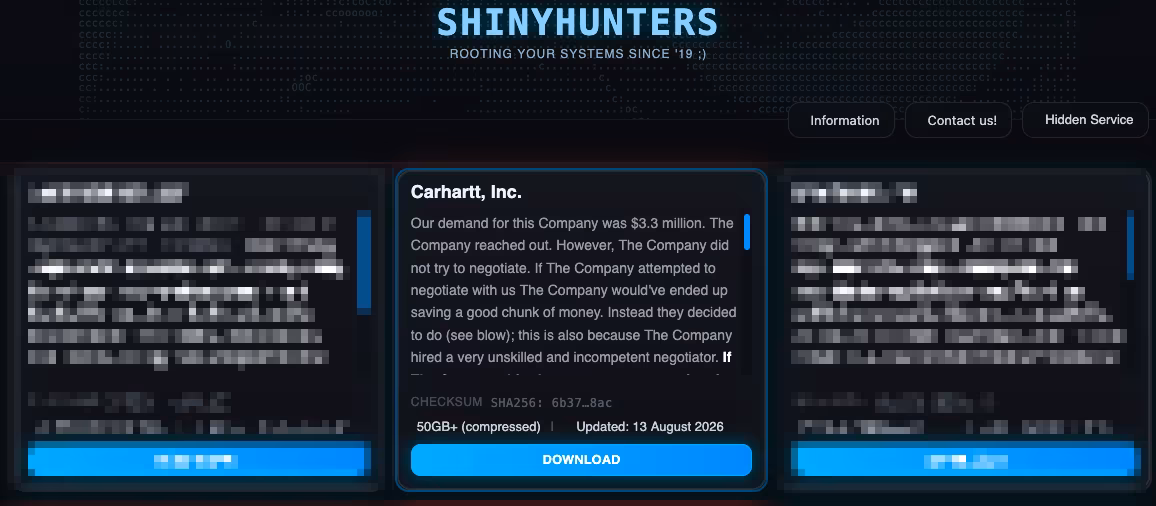 Информация о утечке данных Carhartt в интерфейсе сайта