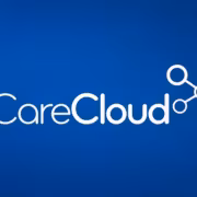 Логотип CareCloud на синем фоне с графическими элементами