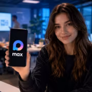 Женщина держит смартфон с логотипом Max в офисе