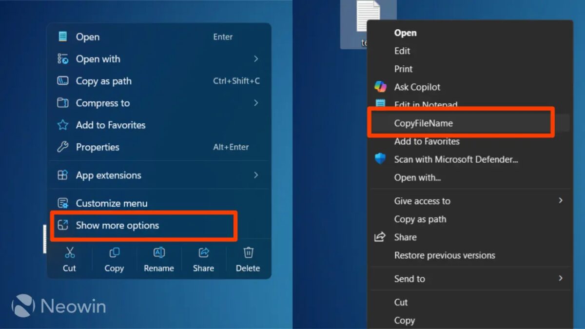 В новом меню Windows 11 пользовательские команды спрятали ещё глубже 3 Контекстное меню Windows 11, показывающее параметры Show more options и CopyFileName