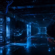 Серверы в серверной комнате с синими огнями VPN сервисы