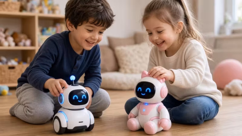 Два ребенка играют с роботами ИИ-игрушками