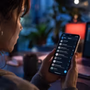 Человек использует iPhone с Telegram на рабочем столе