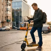 Молодой мужчина на электросамокате с телефоном Яндекс Го