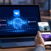 Работник использует ноутбук и телефон с VK Видео и VK Клипы
