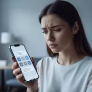 Женщина смотрит на iPhone с удалёнными приложениями из App Store