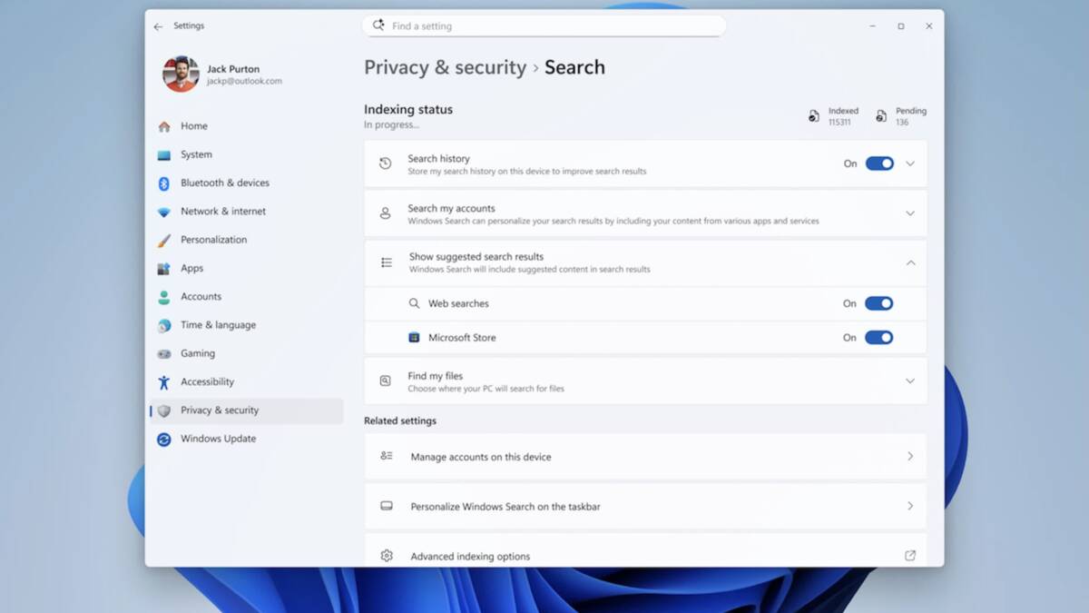 Windows 11 26H1 выйдет только на новых устройствах с Snapdragon X2 12 Настройки поиска в безопасности Windows 11 на компьютере с Snapdragon X2