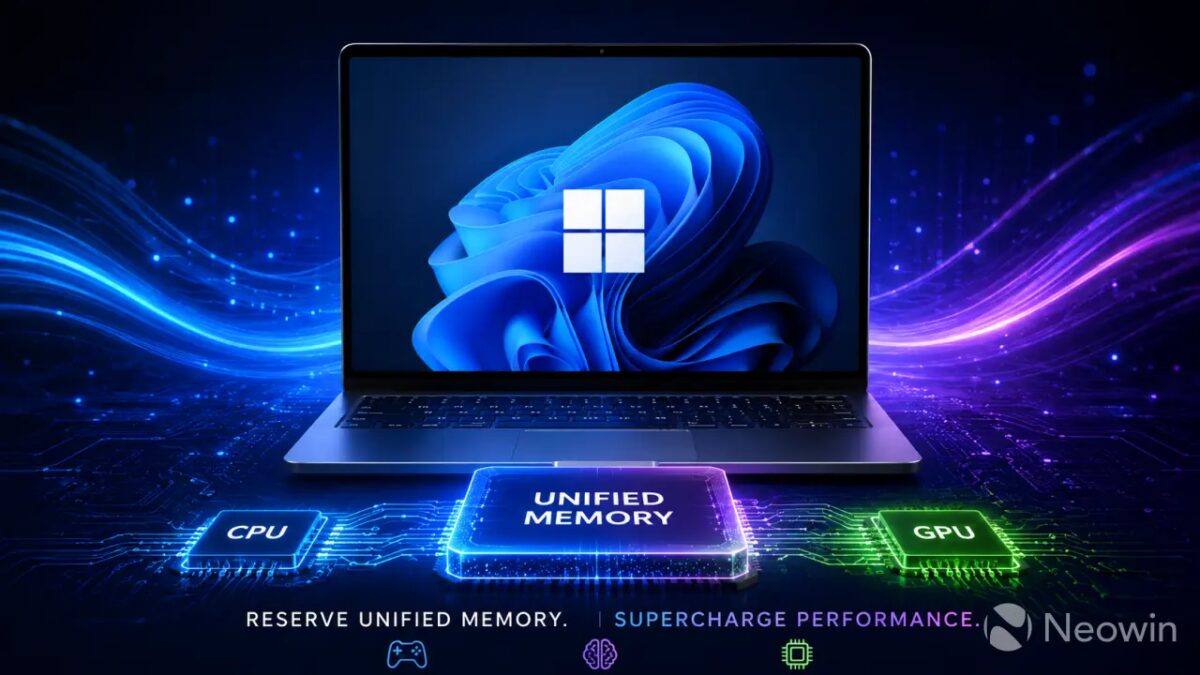 Ноутбук с логотипом Windows 11 и процессорами GPU и CPU