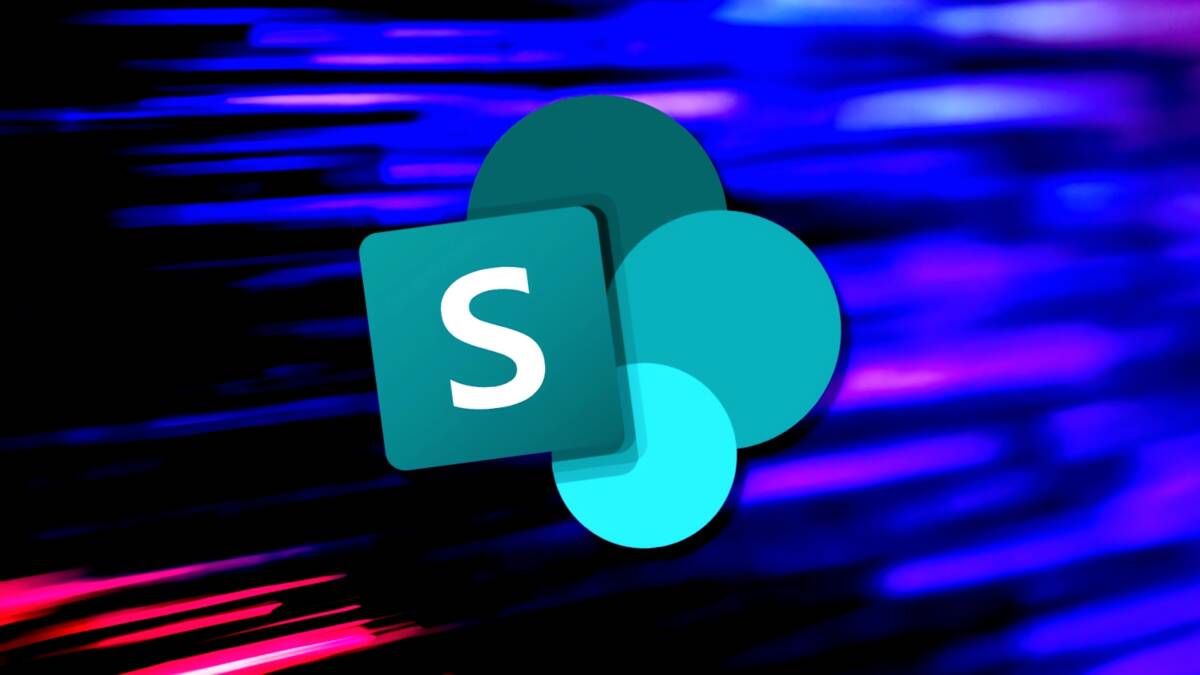 Логотип Microsoft SharePoint на фоне неона и световых линий