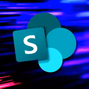 Логотип Microsoft SharePoint на фоне неона и световых линий