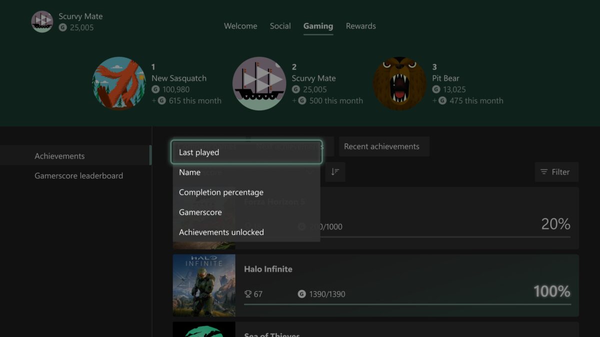 Меню Xbox с разделами Геймерская активность и Достижения