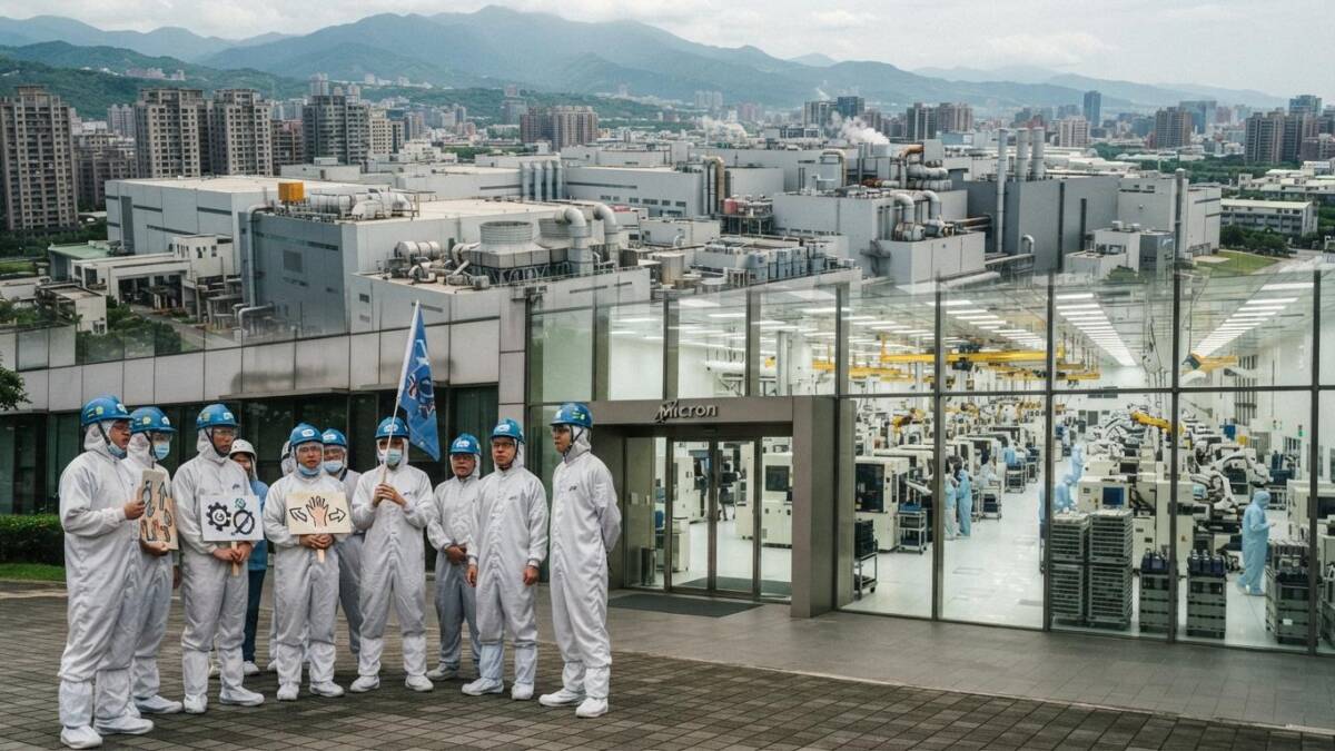 Группа сотрудников Micron в белых костюмах и касках на улице