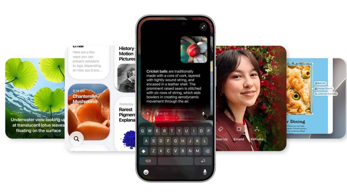 iPhone с функциями Apple Intelligence в iOS 27 и экраном с различными карточками приложений и изображениями