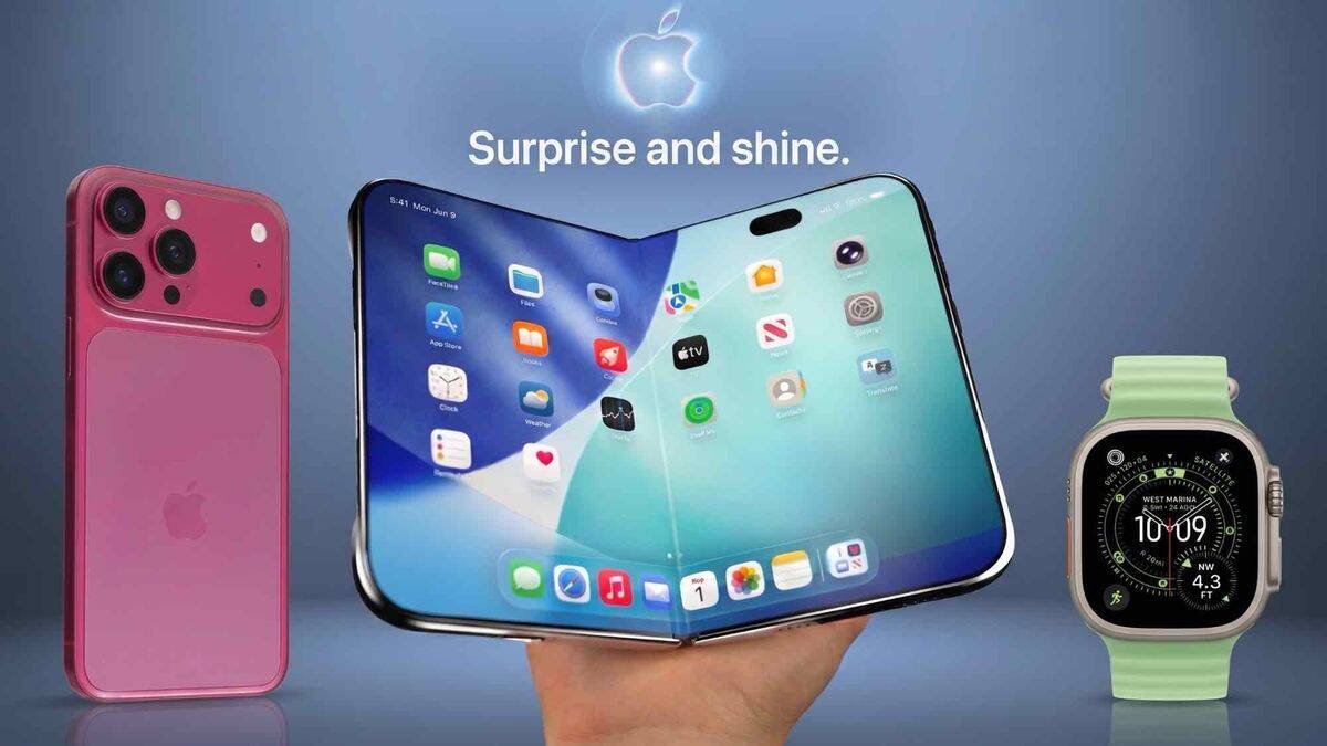 Презентация складного iPhone и iPhone 18: прямая трансляция на русском языке 14 Складной iPhone и Apple Watch на фоне логотипа Apple