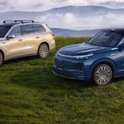 870 л.с. и шесть мест: кроссовер Geely Galaxy M9 готовят к поставкам в Россию 5 Два кроссовера Geely Galaxy M9 на зеленом поле у гор