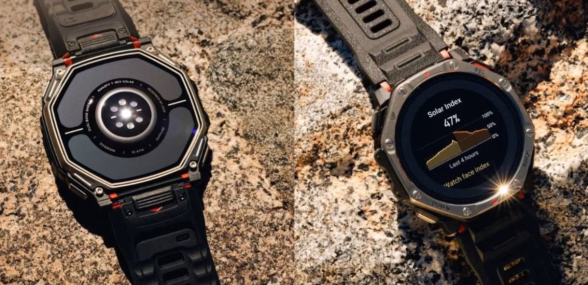 Два умных часы Amazfit T-Rex Dual Solar на каменной поверхности