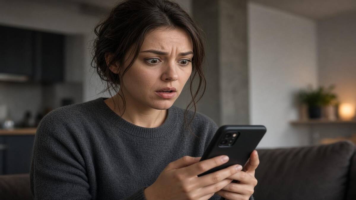 Женщина встревожено смотрит в смартфон с Google Ассистентом