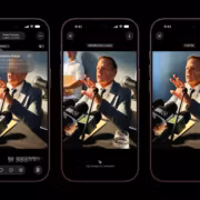 Экран смартфона iPhone с изображением человека с микрофоном и тестами Apple добавила доказательства фотографий iPhone 18