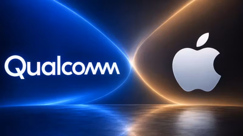Логотипы Qualcomm и Apple на фоне световых линий