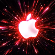 Яркая анимация логотипа Apple с эффектом взрыва красных искр
