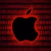 Логотип Apple с красной подсветкой и бинарным кодом iOS 27