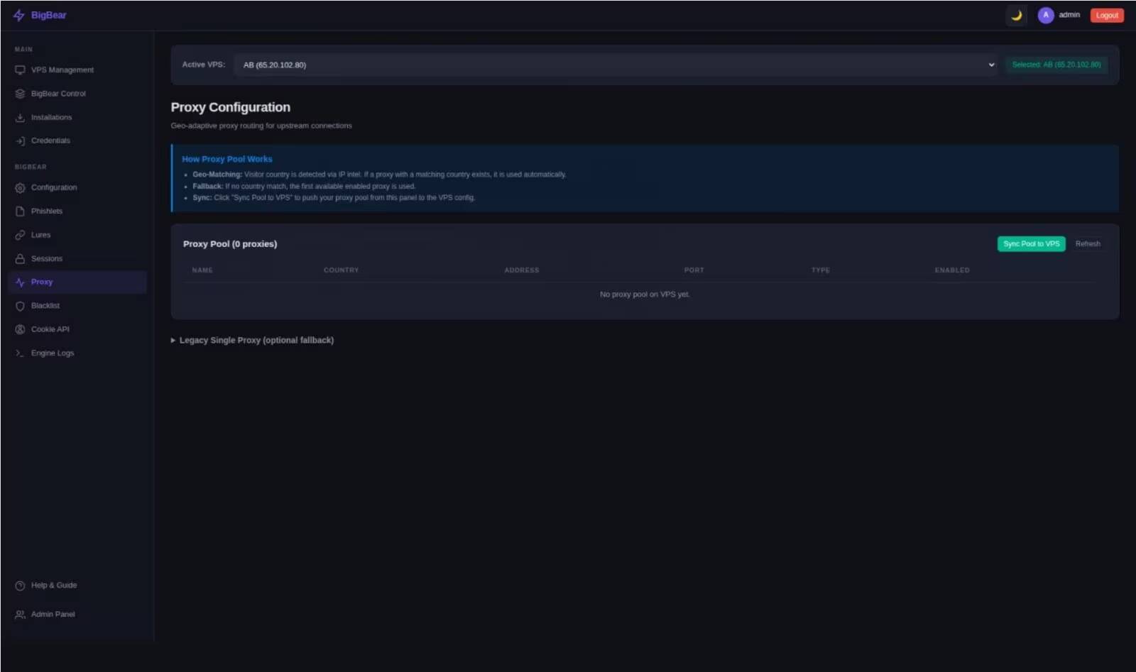 Панель управления BigBear Proxy настройками прокси