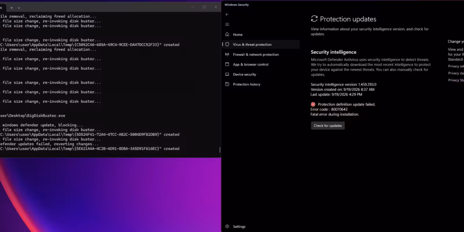 BigDiskBuster блокирует обновления Microsoft Defender на Windows