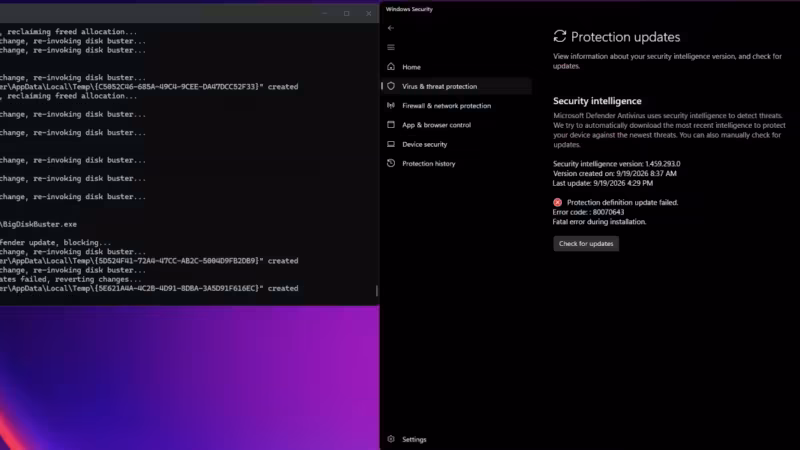 экран командной строки и окно настроек безопасности Windows с ошибками Windows Security