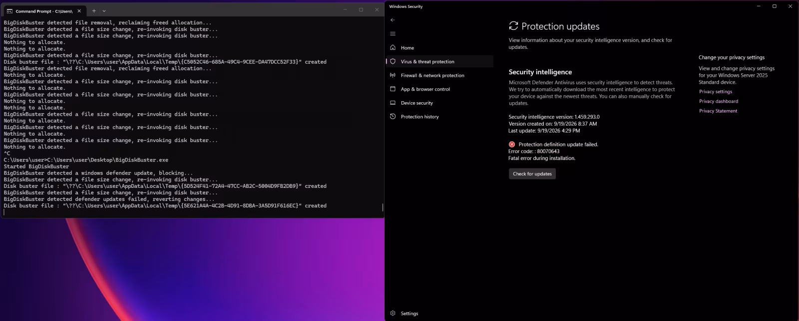 экран командной строки и окно настроек безопасности Windows с ошибками Windows Security