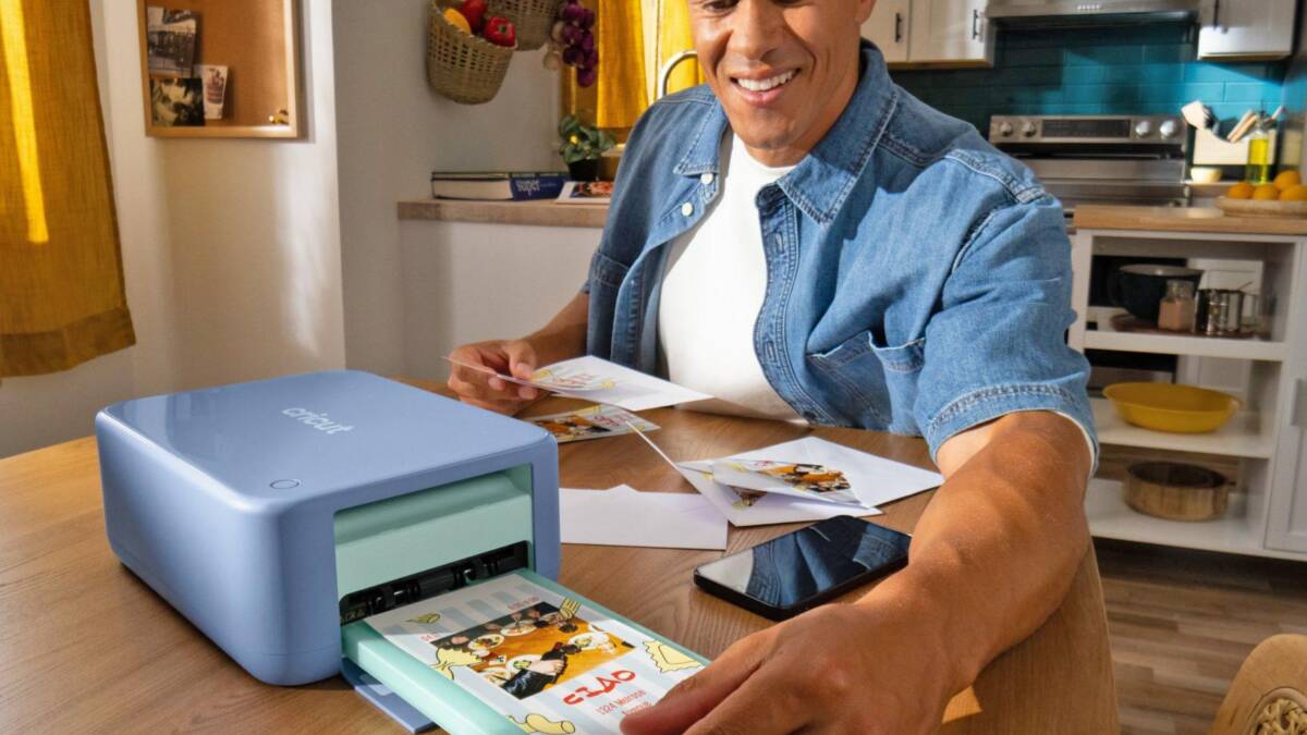 человек использует портативную машину для печати наклеек Cricut