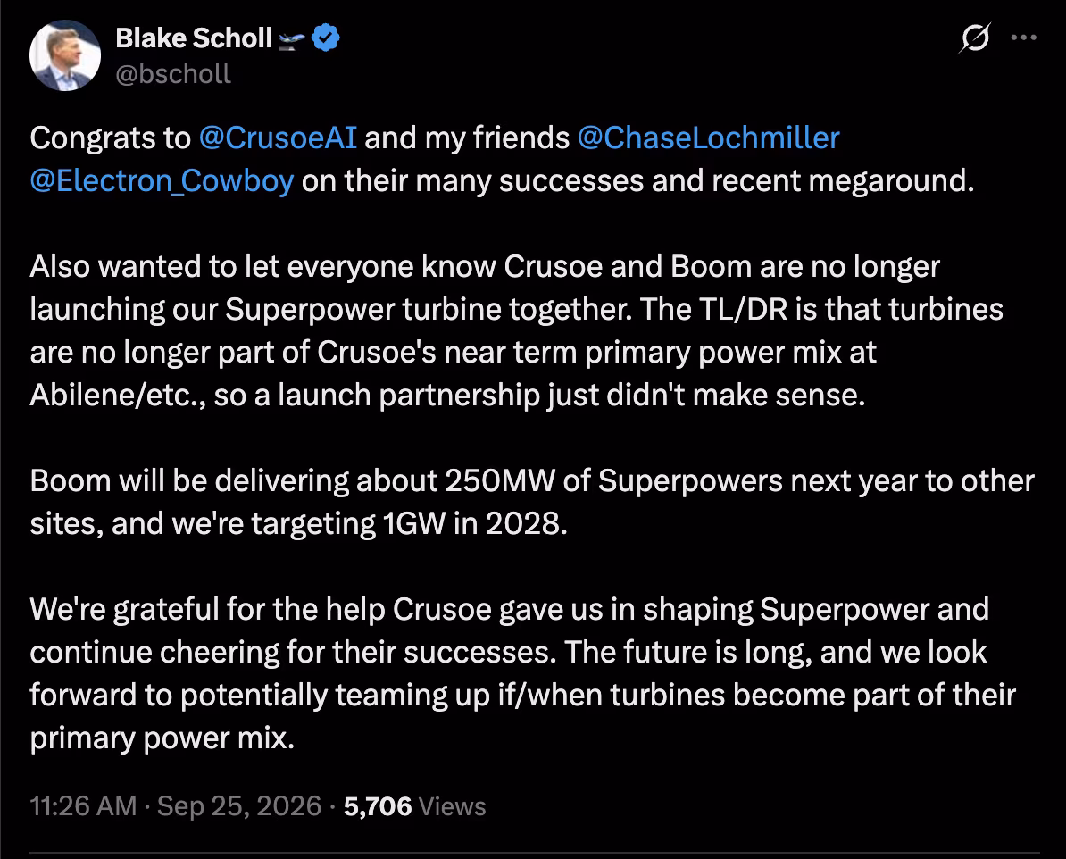 Crusoe отказалась от сделки на $1,25 млрд с Boom Supersonic 3 Твит о проекте Crusoe и Boom Supersonic