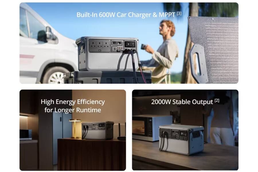 DJI Power Auro 2000 Elite оснащена функцией ИБП с переключением за 0,01 секунды 2 Джип и солнечная панель с аварийным зарядным устройством DJI Power Auro 2000 Elite