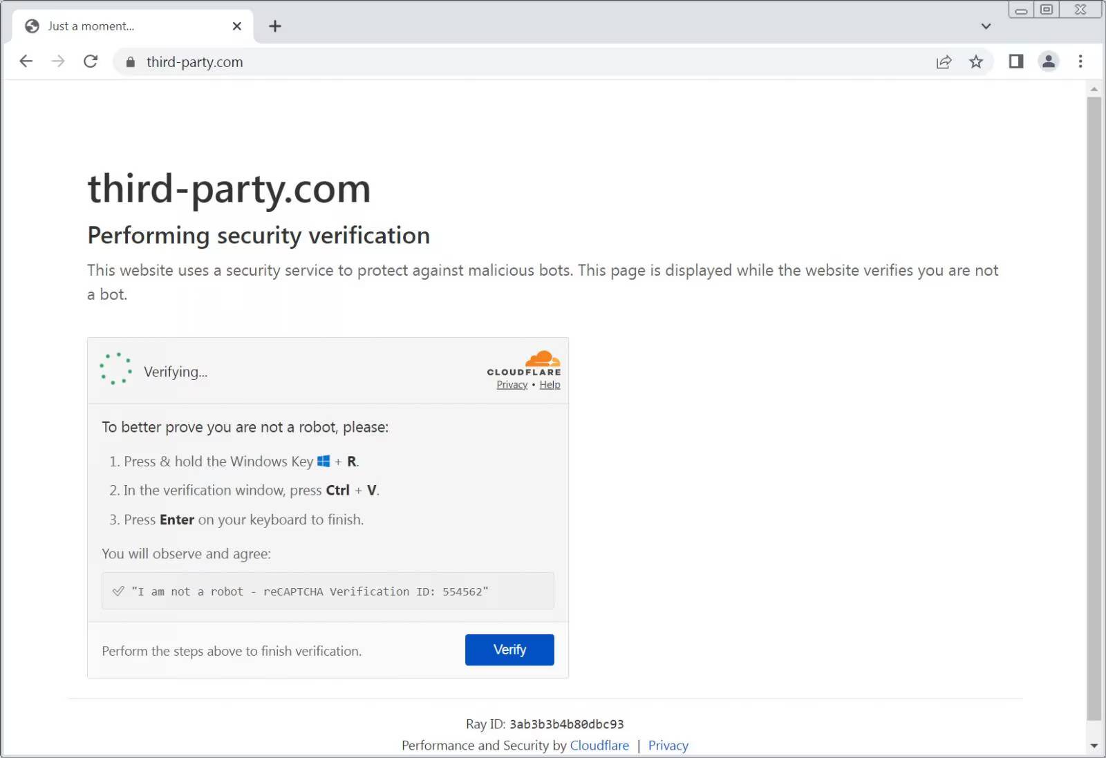 Страница проверки безопасности на сайте third-party.com через Cloudflare