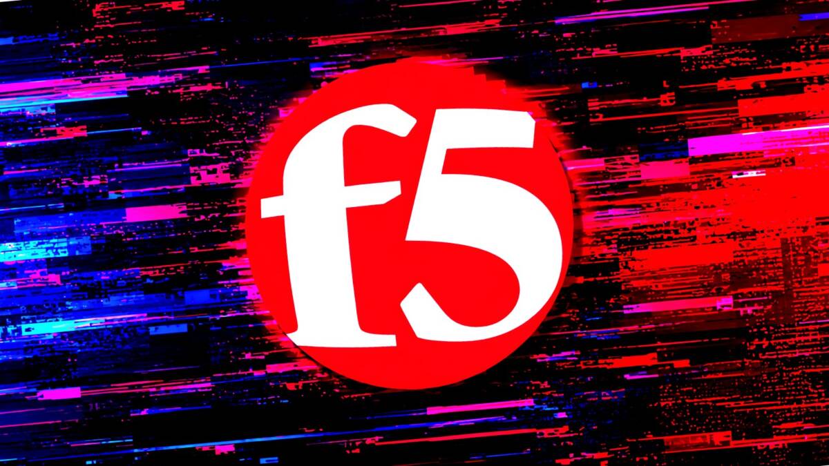 Логотип F5 с красным фоном и цифровыми артефактами