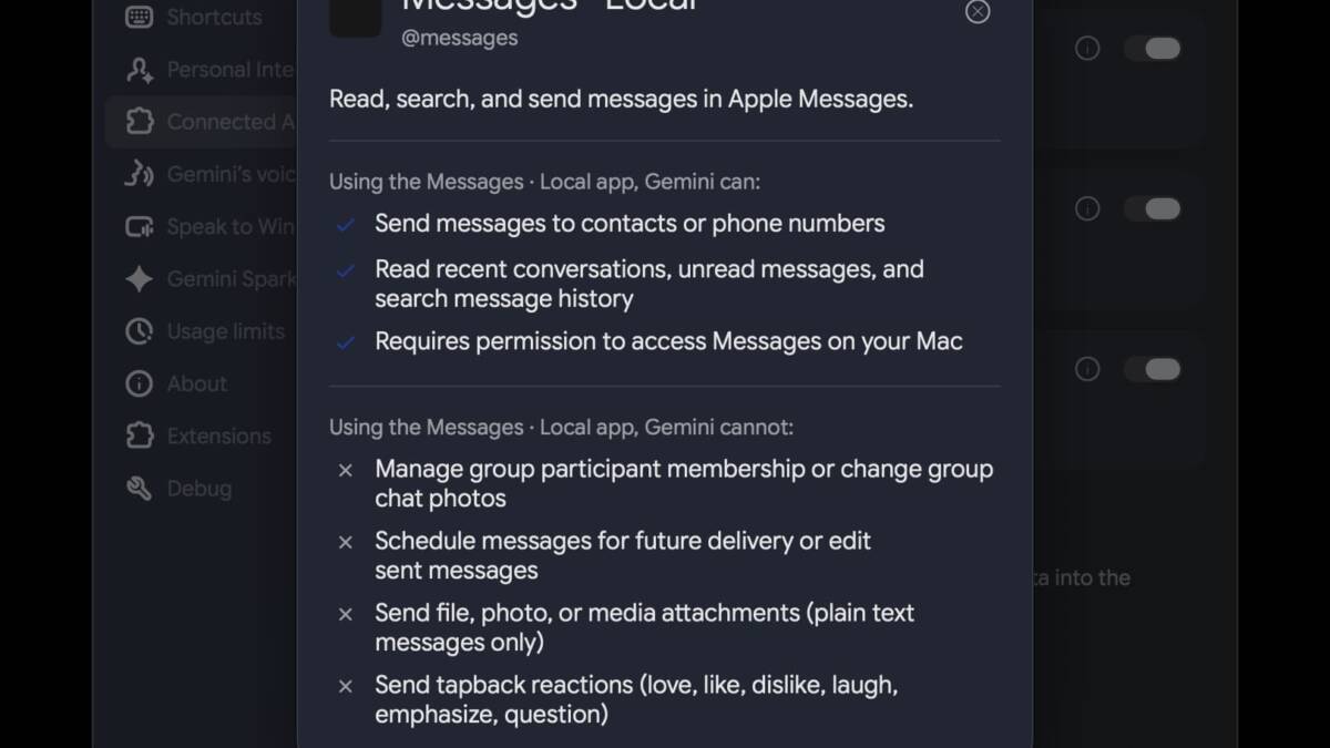 Gemini для macOS научится читать и отправлять сообщения в Apple Messages 5 Настройка доступа к Apple Messages в Gemini для macOS