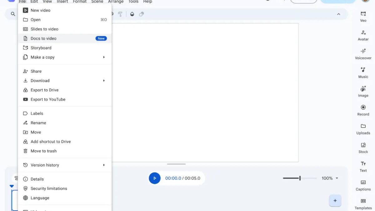Меню создания документа в Google Виды и опции файла