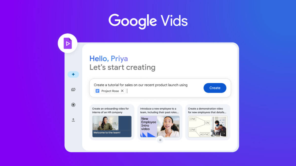 Экран Google Vids с проектом Project Rose и видео шаблонами