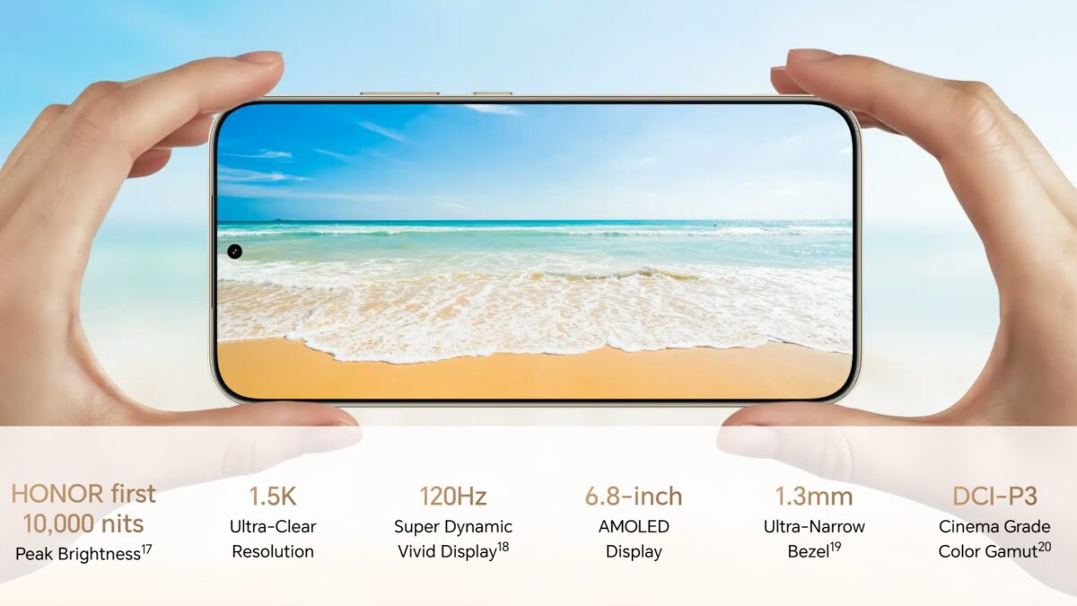 Смартфон Honor X9e Pro показывают на фоне неба и моря