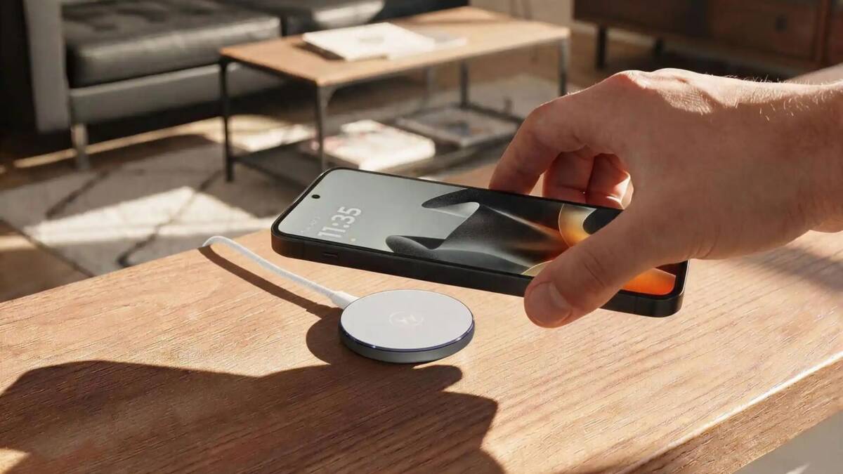IFA 2026: Motorola показала Moto Snap — магнитную беспроводную зарядку до 30 Вт 3 Магнитная беспроводная зарядка Motorola Moto Snap на деревянной поверхности