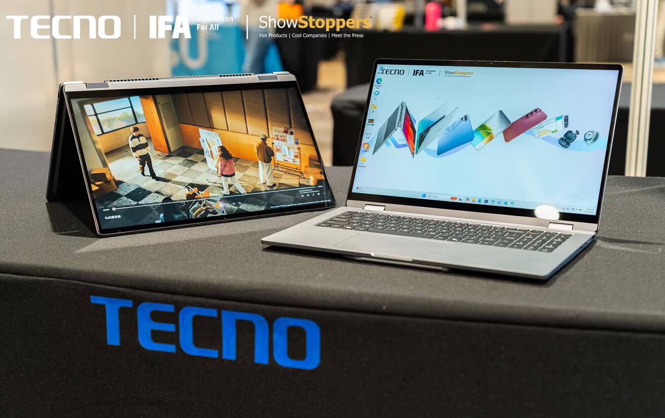 IFA 2026: TECNO показала новые MEGABOOK и смартфоны с концептом без рамок 1 Ноутбук TECNO MEGABOOK и планшет на выставке