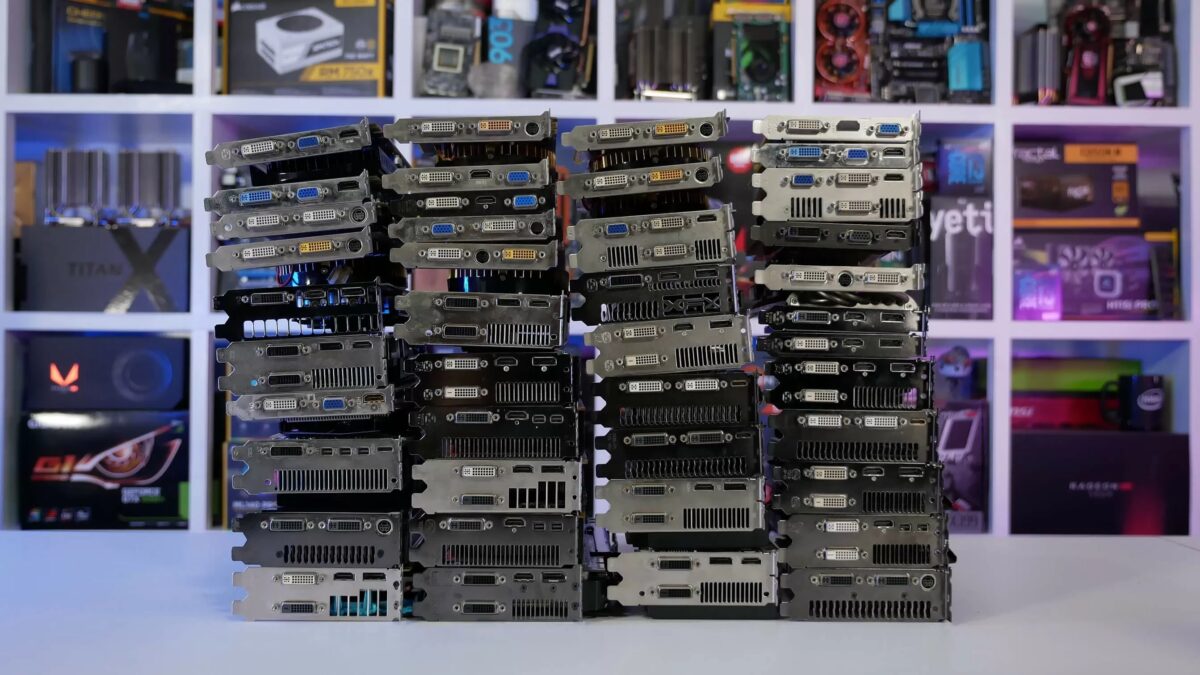 стопка видеокарт Nvidia и AMD из склада Nvidia и AMD