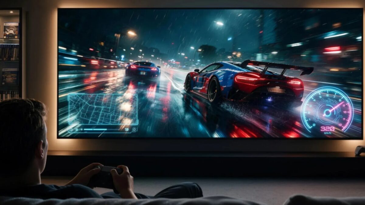 игрок управляет игрой с помощью геймпада перед 4K-проектором Iris Ultra от JMGO