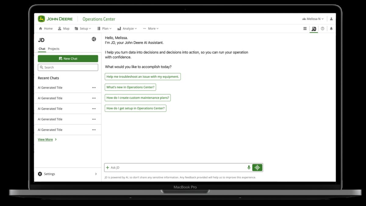 John Deere тестирует ИИ-ассистента JD для фермеров 3 экран MacBook Pro с интерфейсом John Deere AI Assistant