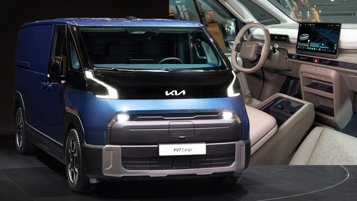Крупный электрический фургон Kia PV7 Cargo внутри и снаружи