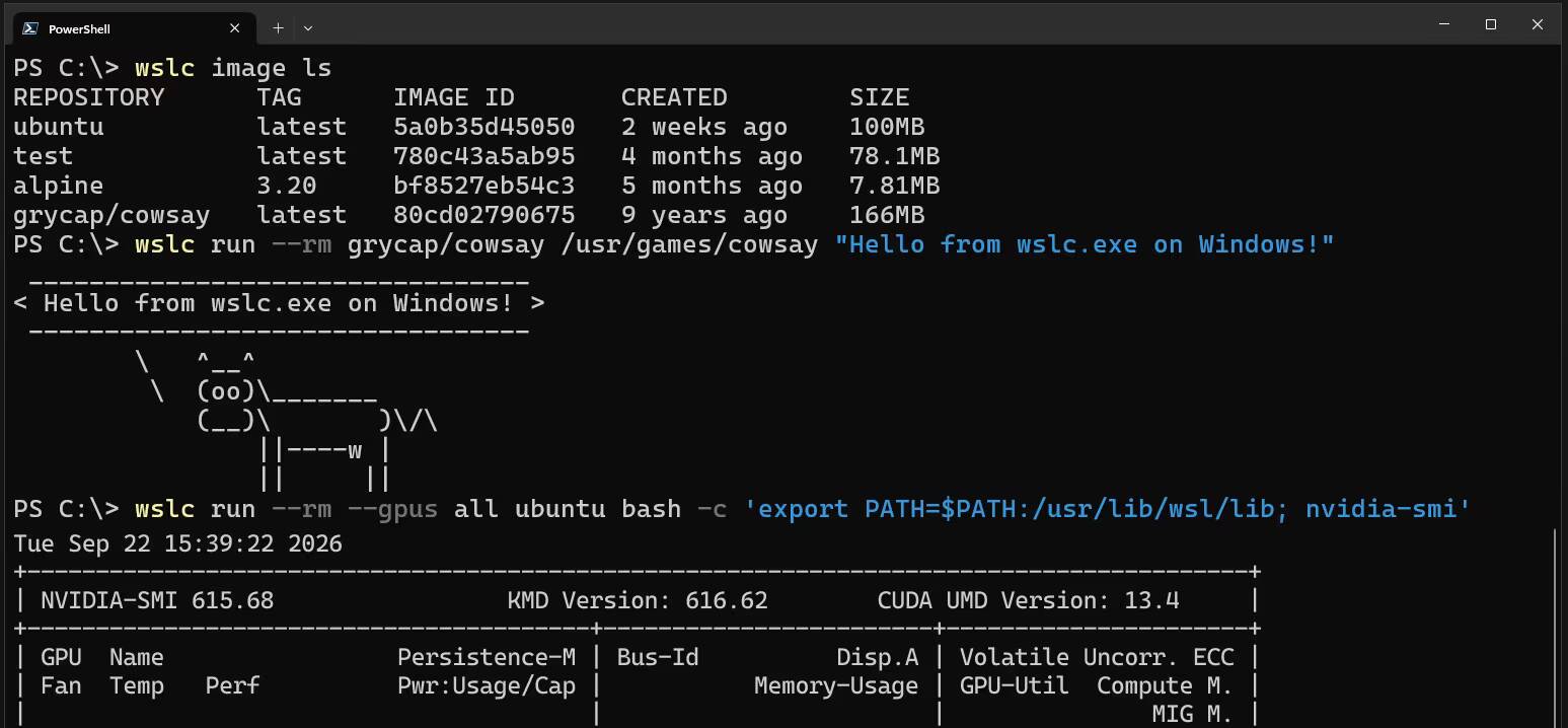 PowerShell окно с командами и результатами в Windows Subsystem for Linux
